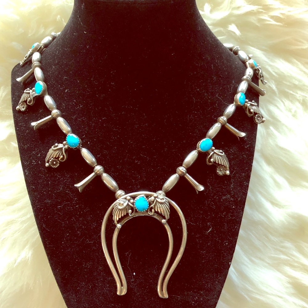 Naja turquoise and Silver Squash Blossom necklace